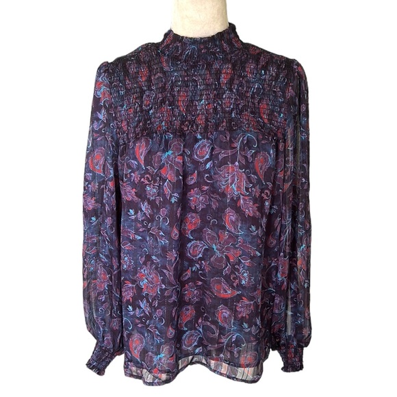 JOIE Purple Floral Metallic Silver Smocked High Neck Balloon Sleeve Blouse - M - Picture 12 of 12